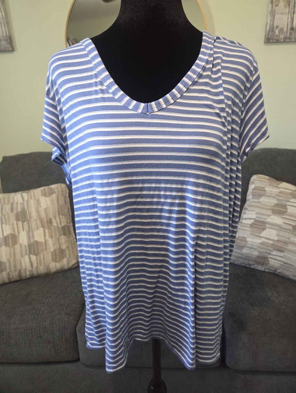 Columbia Blue and White Striped V-Neck Short Sleeve Top
